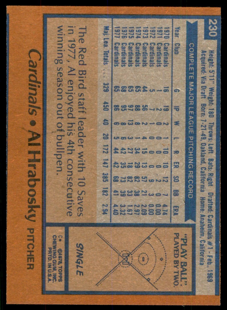 1978 TOPPS AL HRABOSKY ST. LOUIS CARDINALS #230