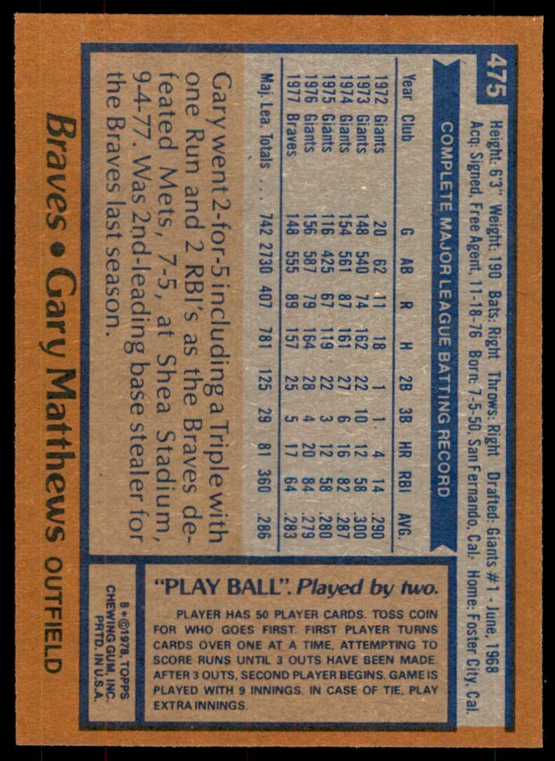 1978 TOPPS GARY MATTHEWS ATLANTA BRAVES #475