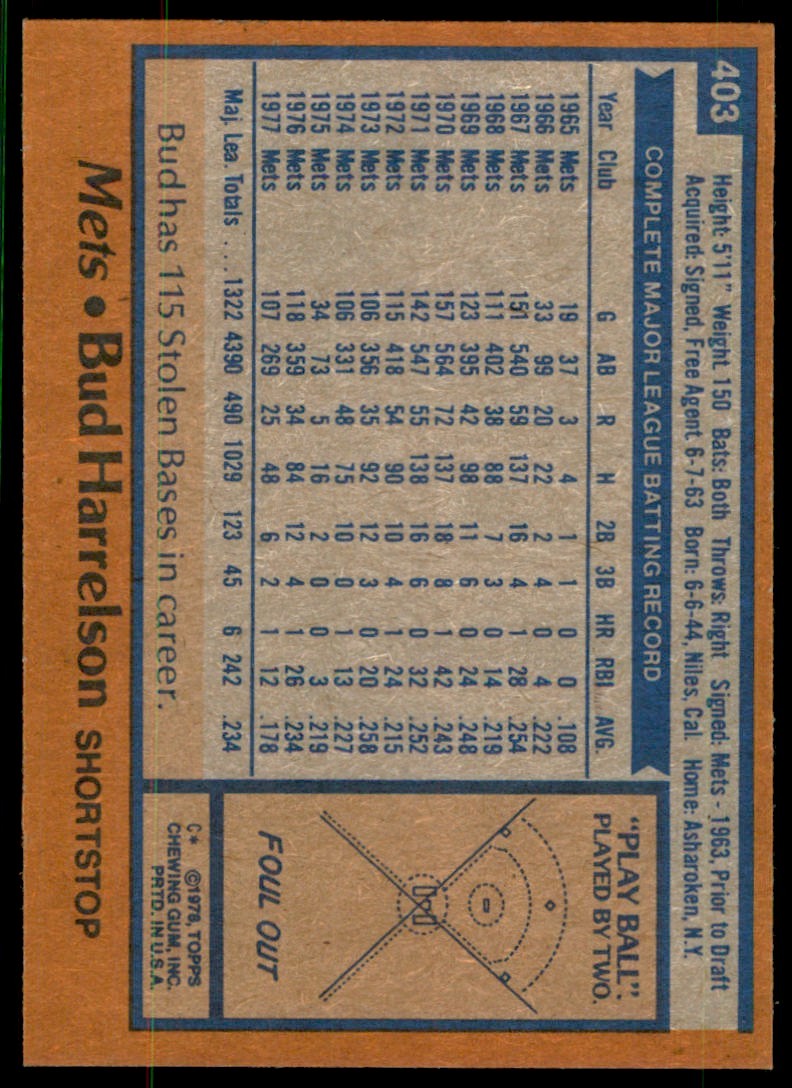 1978 TOPPS BUD HARRELSON NEW YORK METS #403