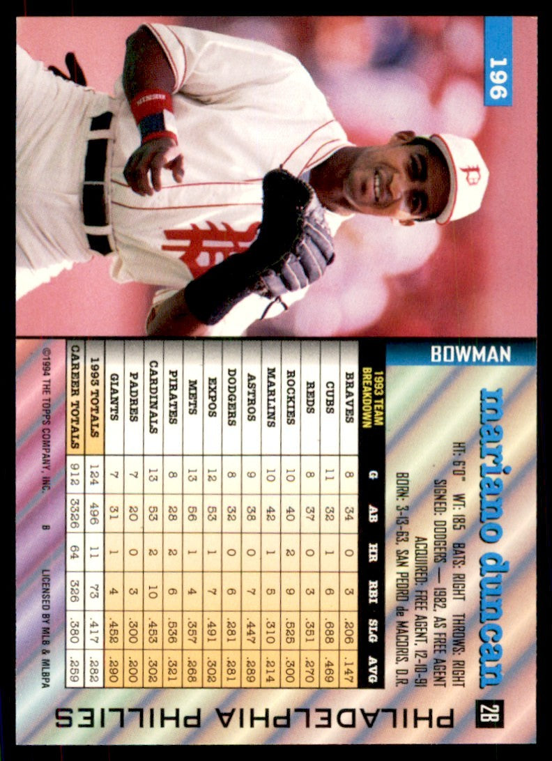 1994 BOWMAN MARIANO DUNCAN PHILADELPHIA PHILLIES #196