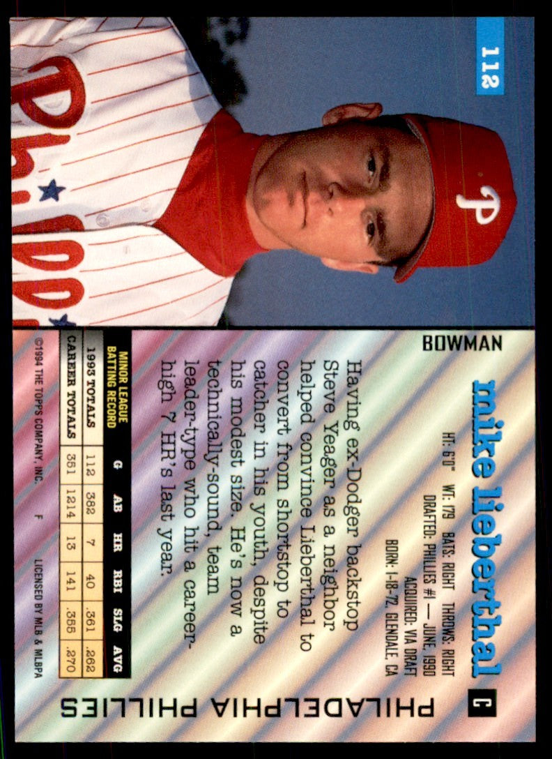 1994 BOWMAN MIKE LIEBERTHAL PHILADELPHIA PHILLIES #112