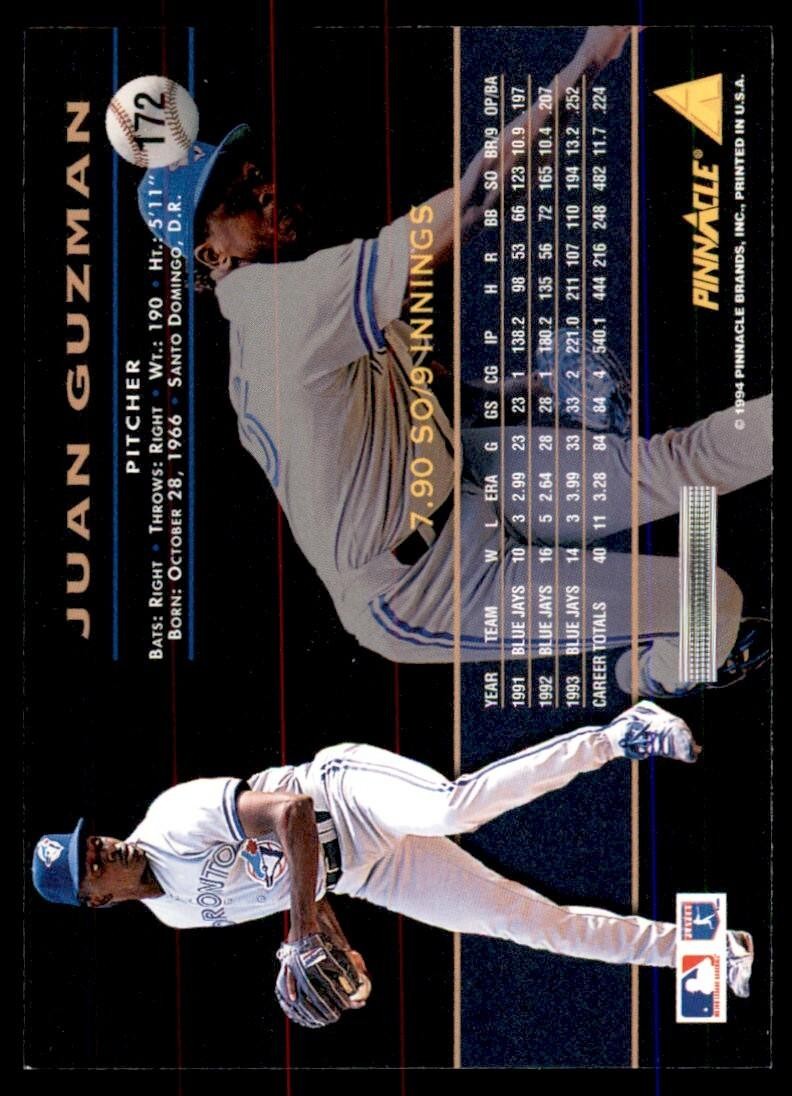 1994 PINNACLE JUAN GUZMAN TORONTO BLUE JAYS #172