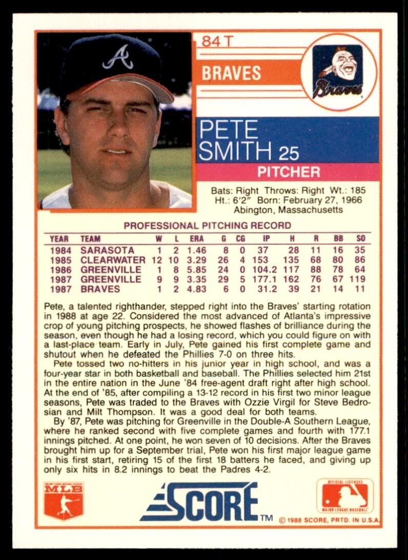 1988 SCORE GLOSSY PETE SMITH ATLANTA BRAVES #84T