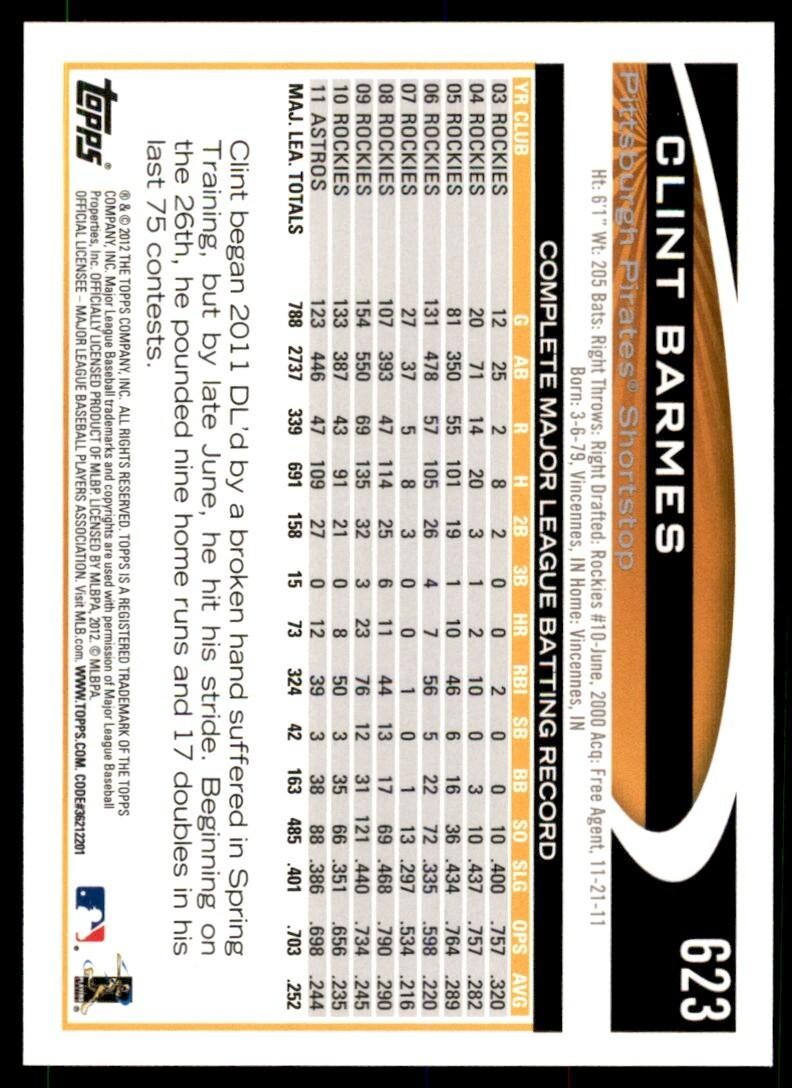 2012 TOPPS CLINT BARMES PITTSBURGH PIRATES #623