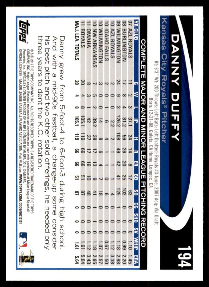 2012 TOPPS DANNY DUFFY KANSAS CITY ROYALS #194