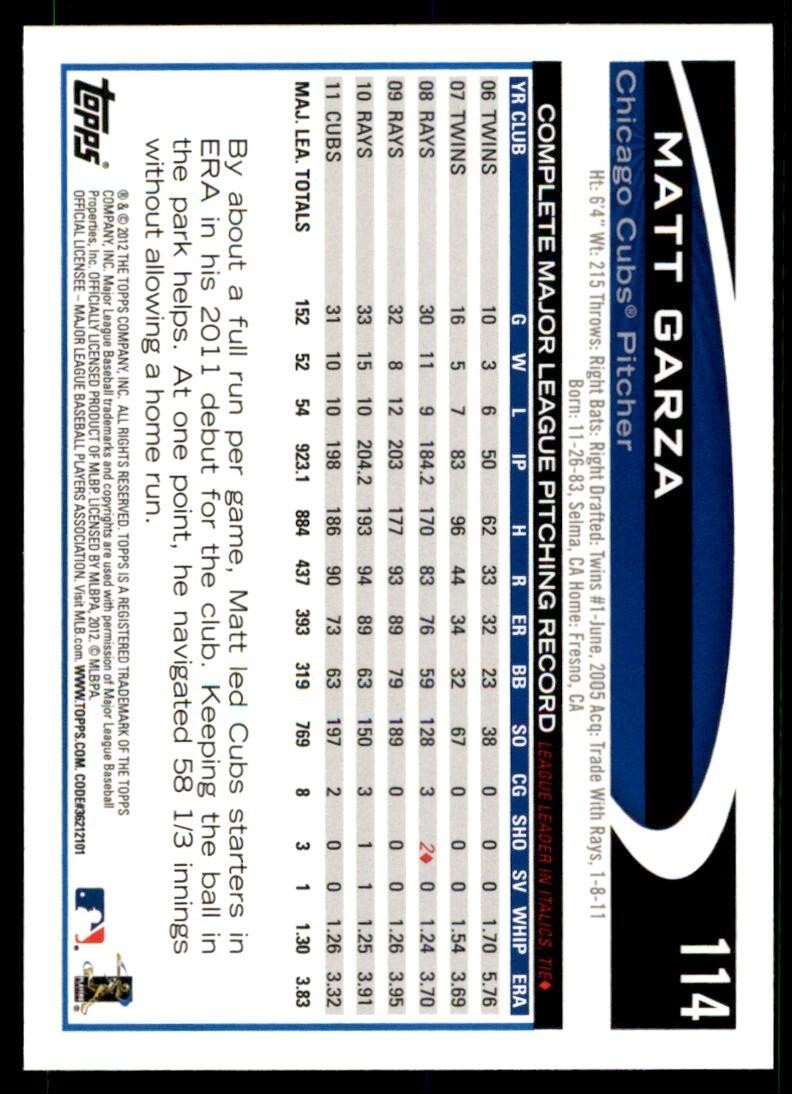 2012 TOPPS MATT GARZA CHICAGO CUBS #114
