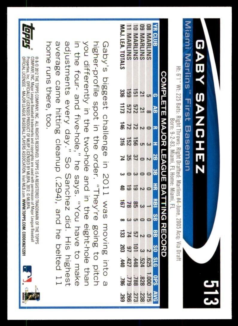 2012 TOPPS GABY SANCHEZ MIAMI MARLINS #513