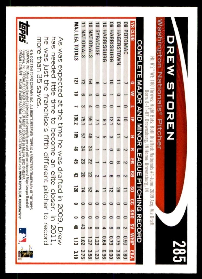 2012 TOPPS DREW STOREN WASHINGTON NATIONALS #285