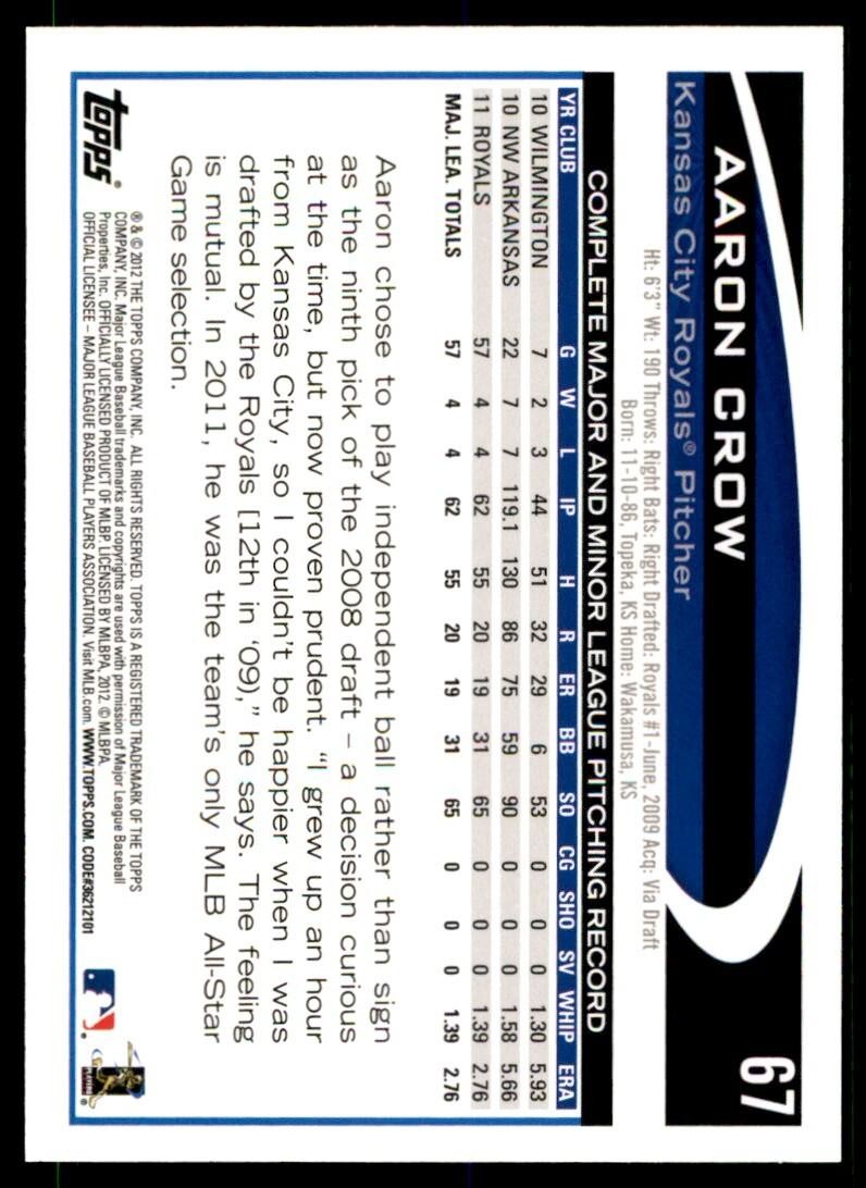 2012 TOPPS AARON CROW KANSAS CITY ROYALS #67