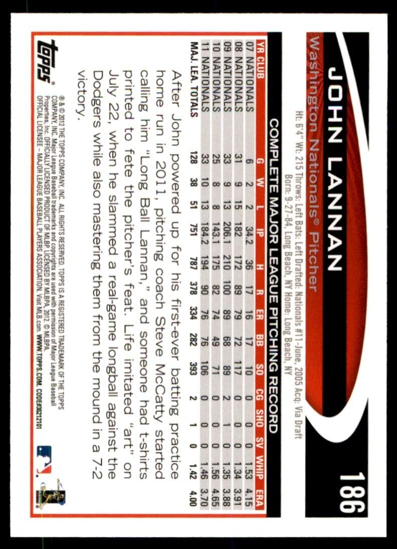 2012 TOPPS JOHN LANNAN WASHINGTON NATIONALS #186