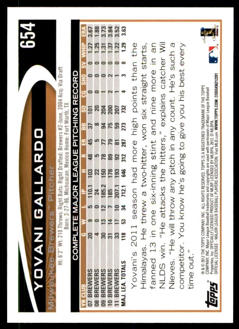 2012 TOPPS YOVANI GALLARDO MILWAUKEE BREWERS #654
