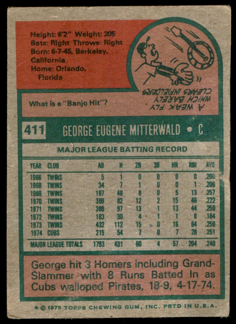 1975 TOPPS GEORGE MITTERWALD CHICAGO CUBS #411 (T013)