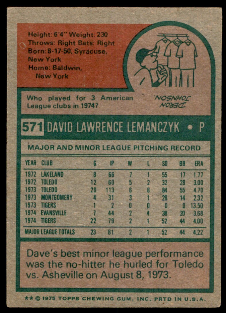 1975 TOPPS DAVE LEMANCZYK DETROIT TIGERS #571 (T104)
