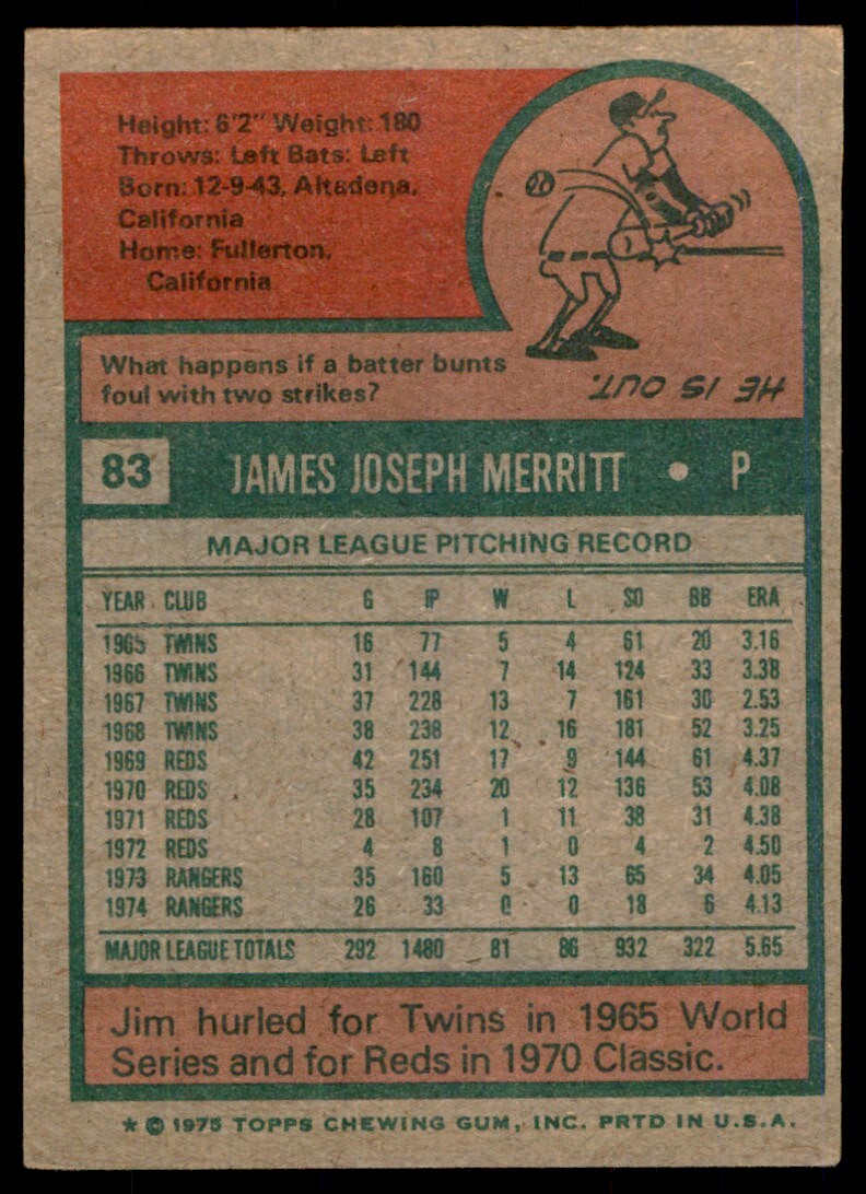 1975 TOPPS. JIM MERRITT TEXAS RANGERS #83 (T101)