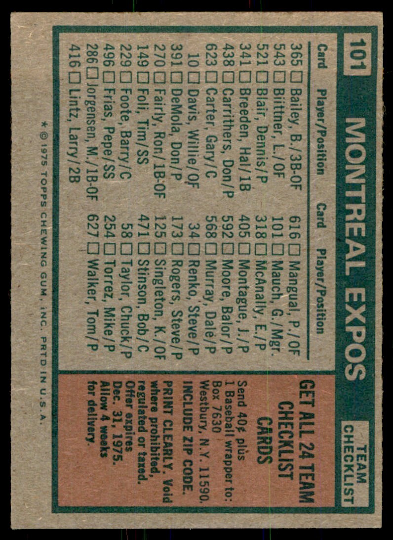 1975 TOPPS. MONTREAL EXPOS - GENE MAUCH MONTREAL EXPOS #101