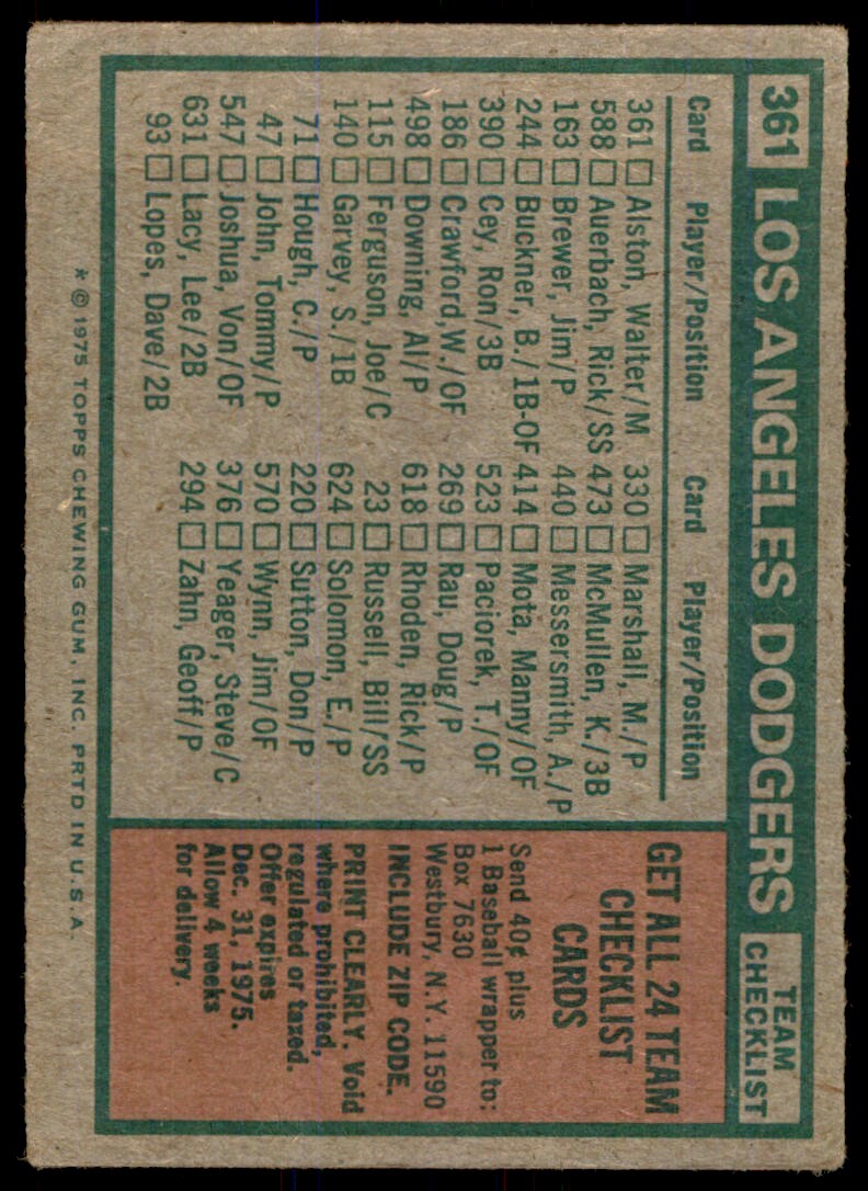 1975 TOPPS LOS ANGELES DODGERS - WALT ALSTON  #361