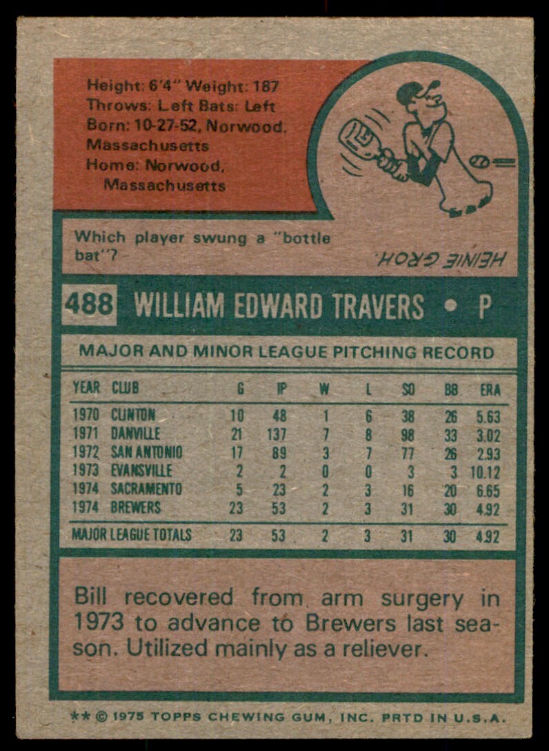 1975 TOPPS BILL TRAVERS MILWAUKEE BREWERS #488 (T102)