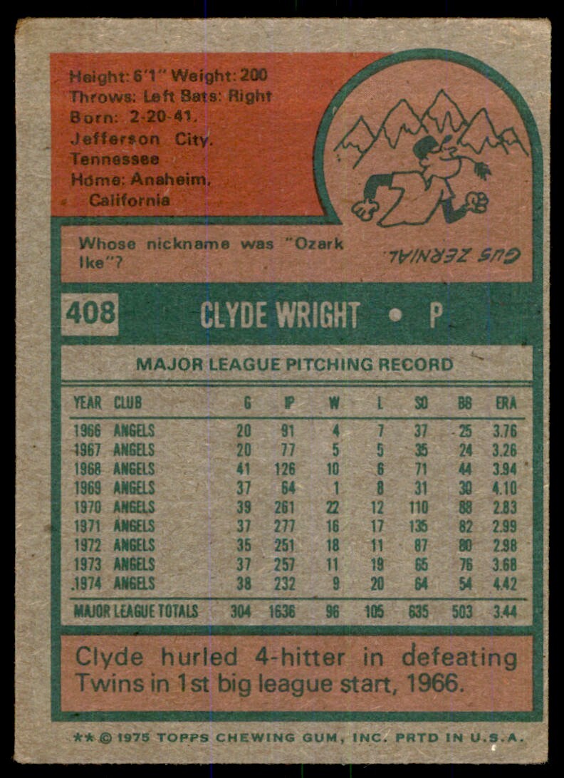1975 TOPPS. CLYDE WRIGHT MILWAUKEE BREWERS #408 (T101)