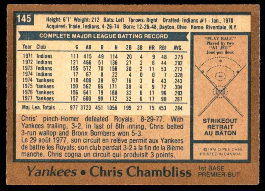 1978 O-PEE-CHEE. CHRIS CHAMBLISS. NEW YORK YANKEES #145