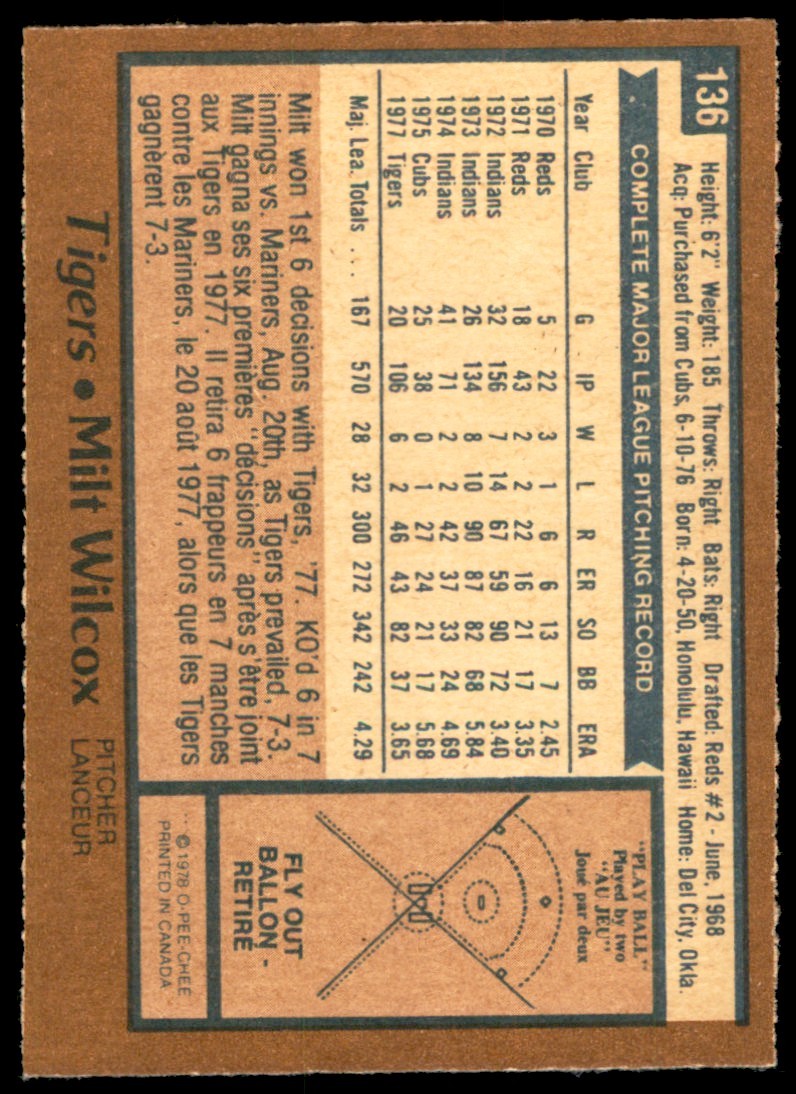 1978 O-PEE-CHEE MILT WILCOX DETROIT TIGERS #136