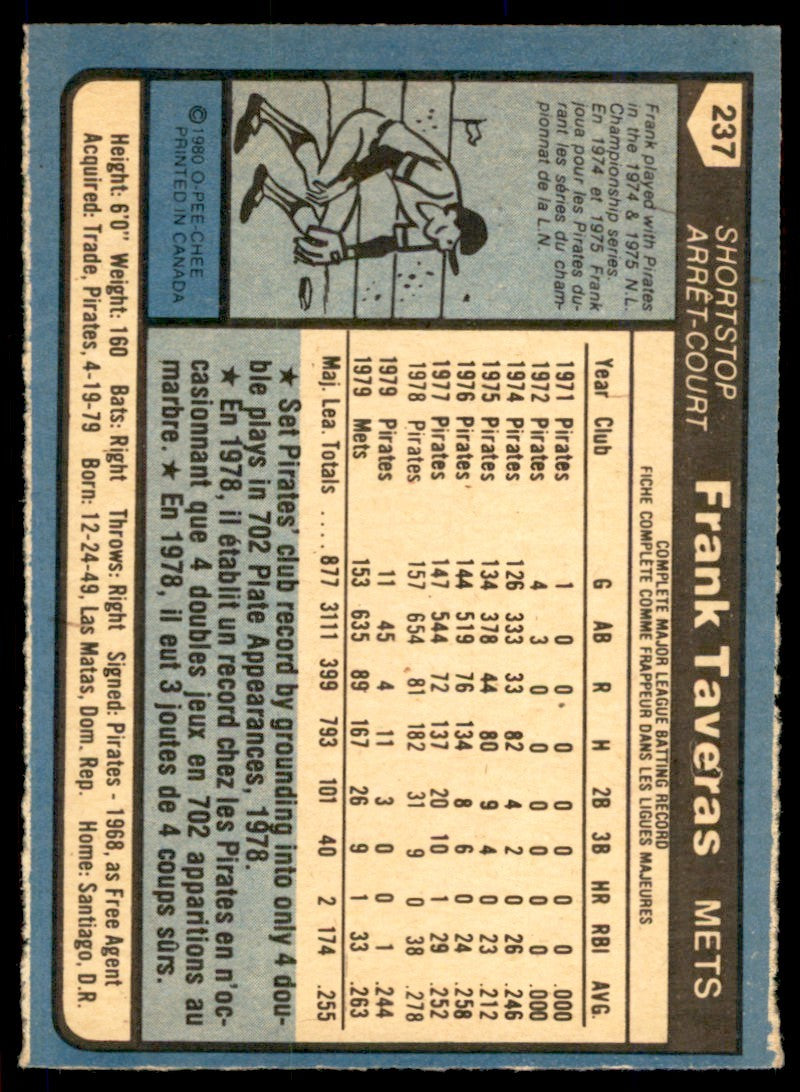 1980 O-PEE-CHEE FRANK TAVERAS NEW YORK METS #237