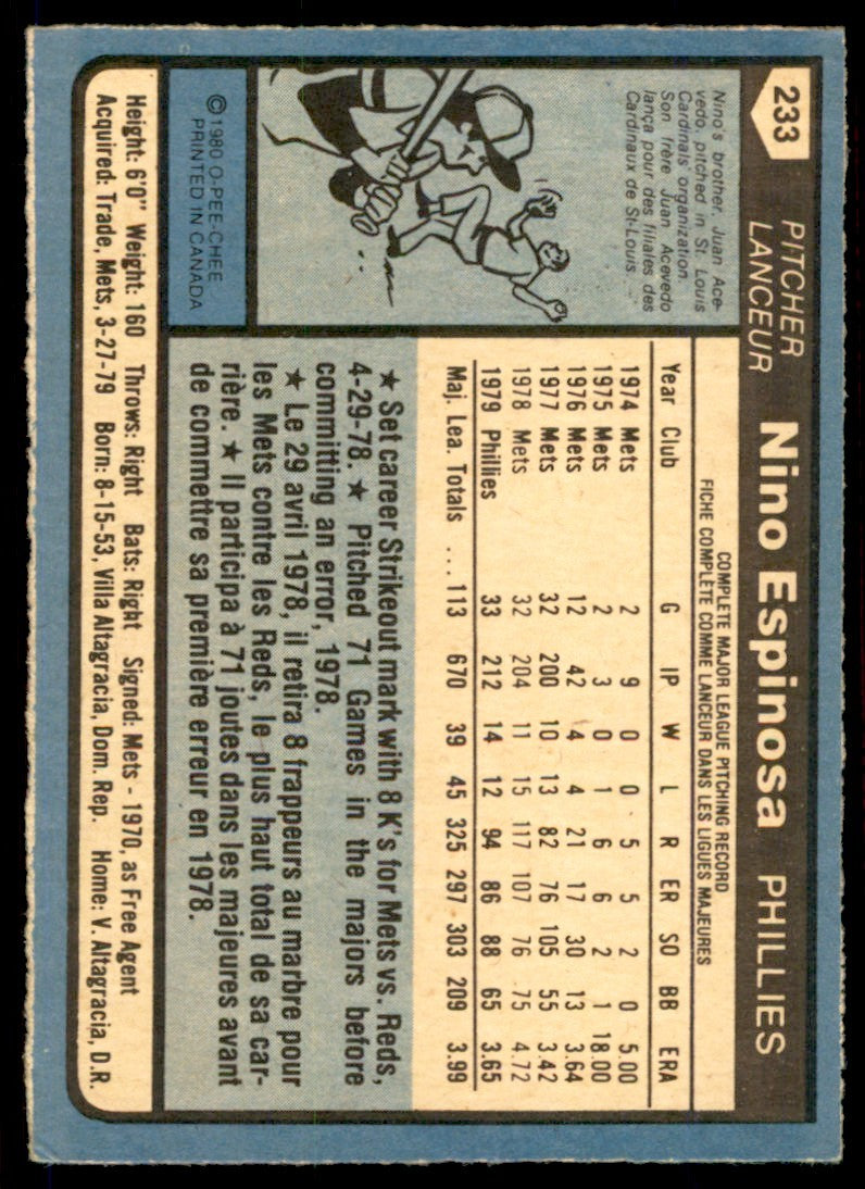 1980 O-PEE-CHEE NINO ESPINOSA PHILADELPHIA PHILLIES #233