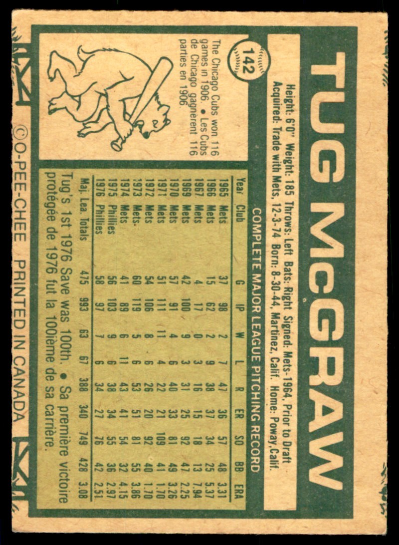 1977 O-PEE-CHEE* TUG MCGRAW PHILADELPHIA PHILLIES #142