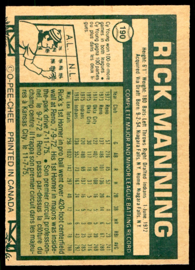 1977 O-PEE-CHEE! RICK MANNING CLEVELAND INDIANS #190