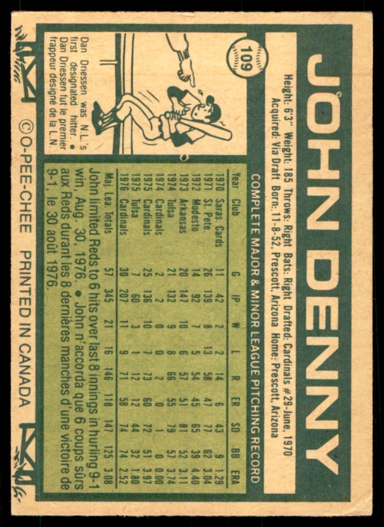 1977 O-PEE-CHEE! JOHN DENNY ST. LOUIS CARDINALS #109