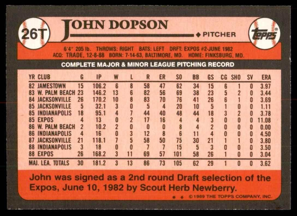 1989 TOPPS TRADED JOHN DOPSON BOSTON RED SOX #26T