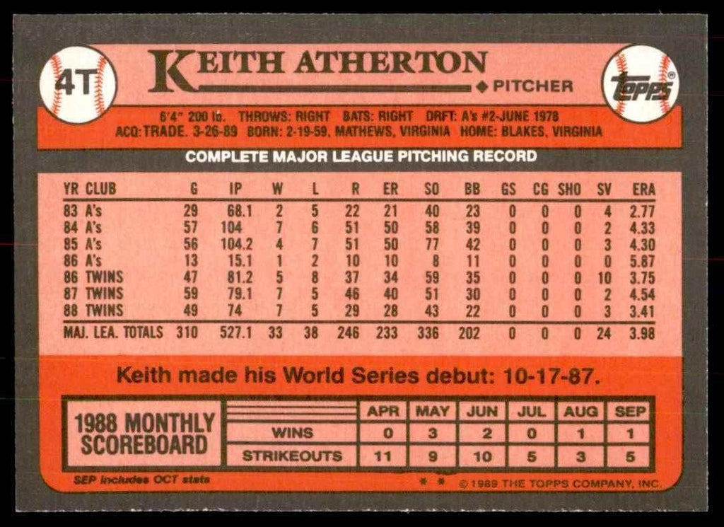 1989 TOPPS TRADED KEITH ATHERTON CLEVELAND INDIANS #4T