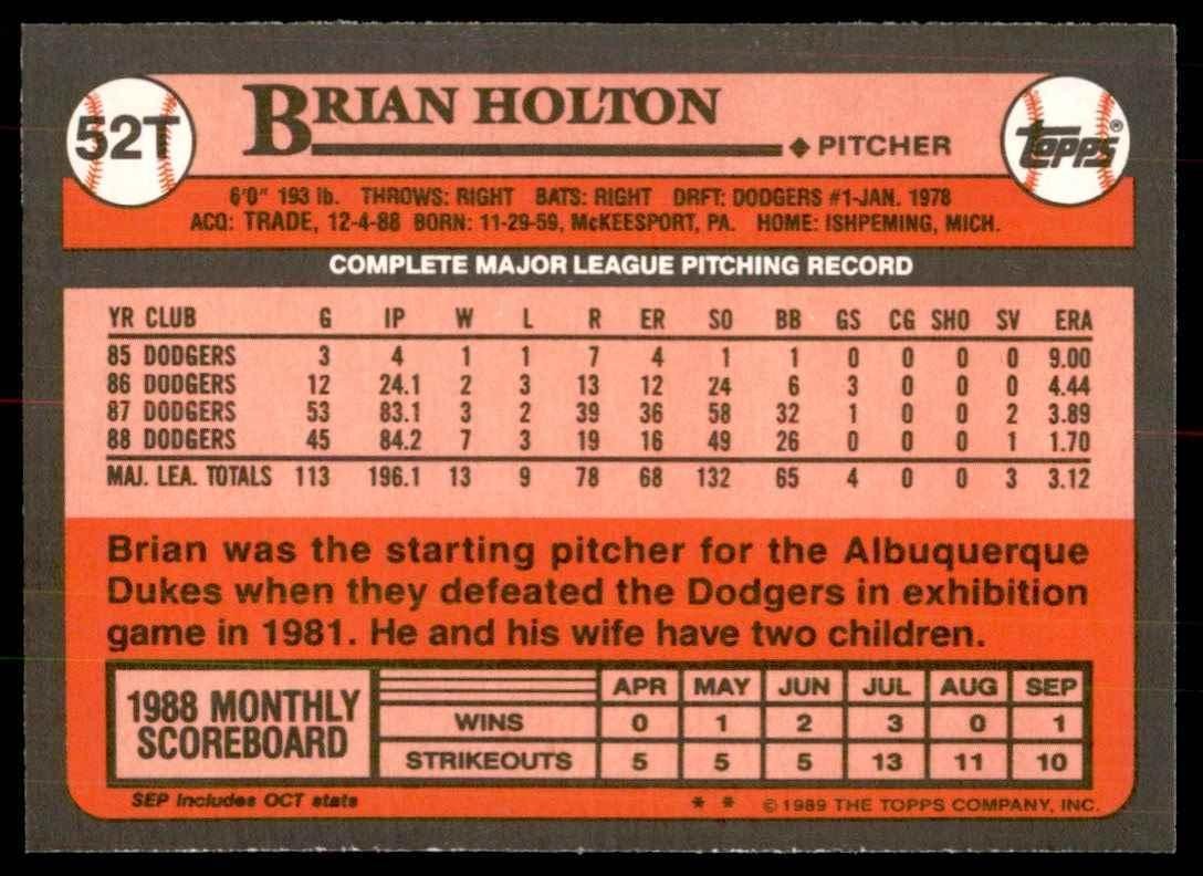 1989 TOPPS TRADED BRIAN HOLTON BALTIMORE ORIOLES #52T