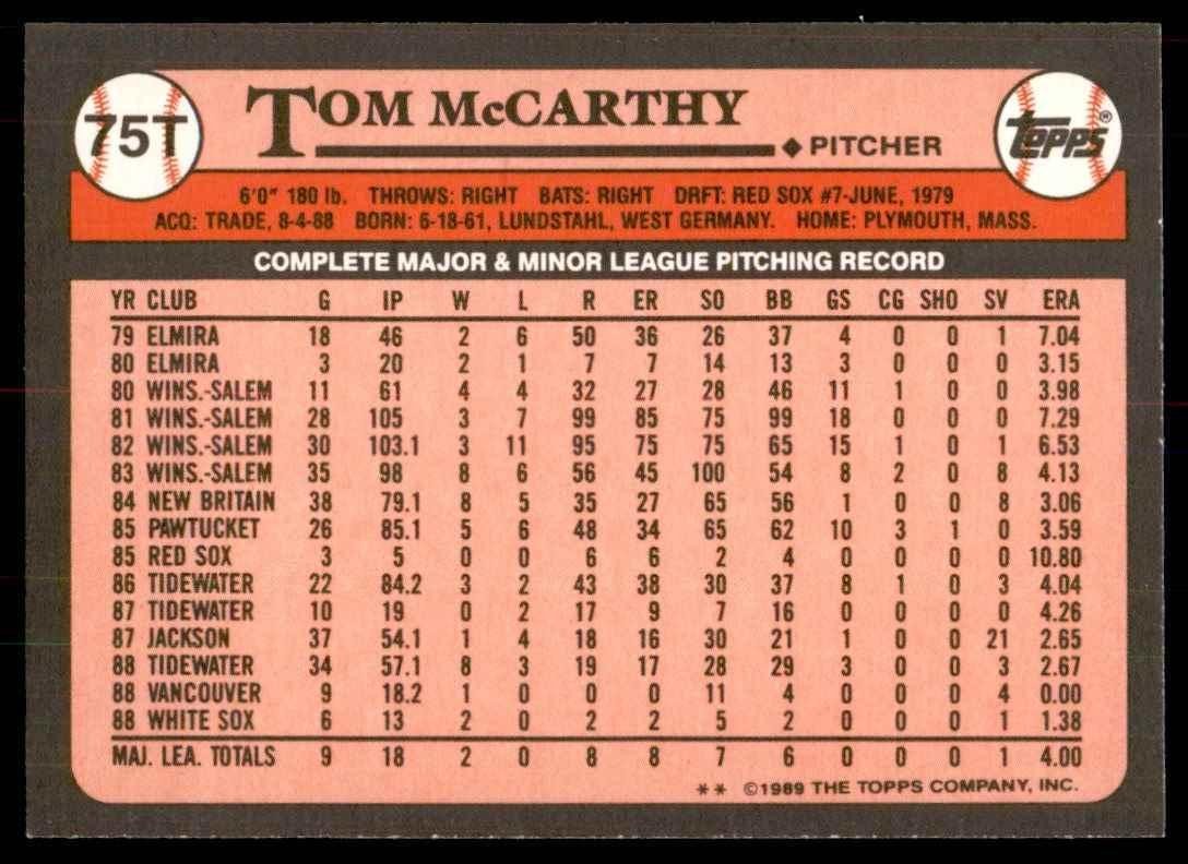 1989 TOPPS TRADED TOM MCCARTHY CHICAGO WHITE SOX #75T