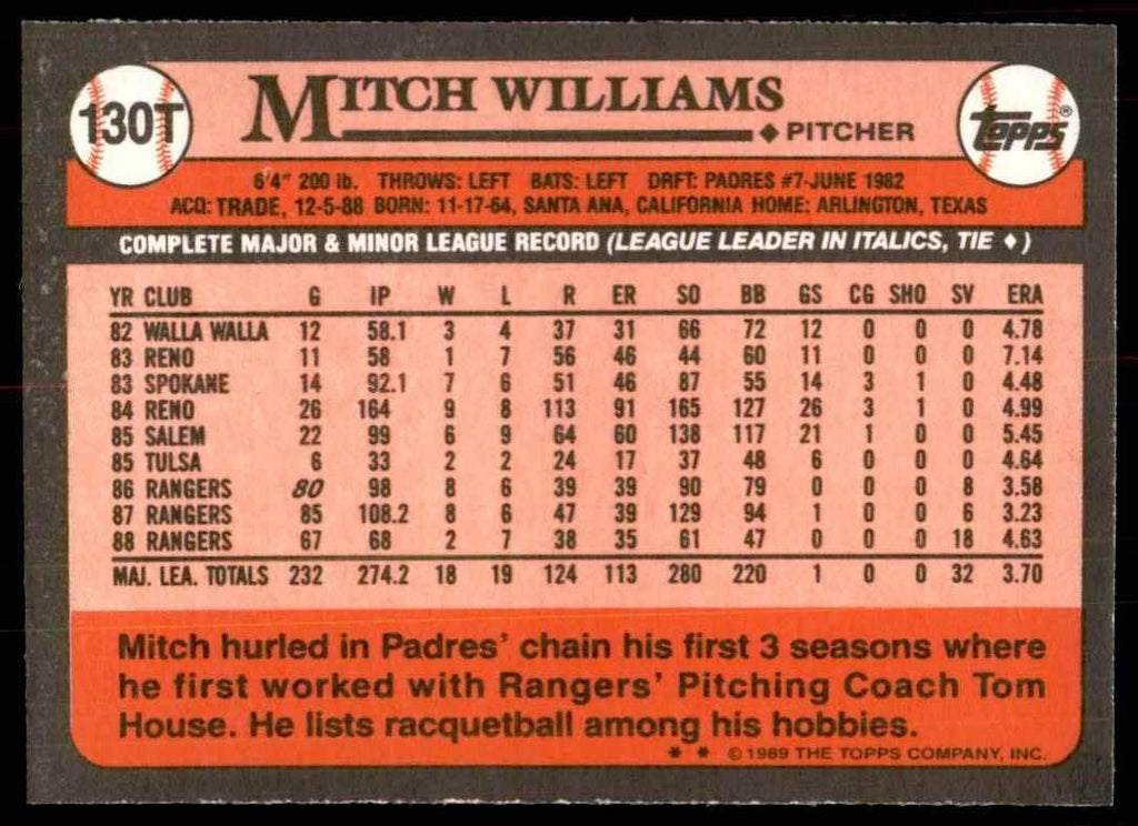 1989 TOPPS TRADED MITCH WILLIAMS CHICAGO CUBS #130T