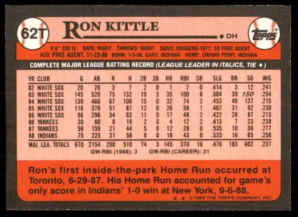 1989 TOPPS TRADED RON KITTLE CHICAGO WHITE SOX #62T