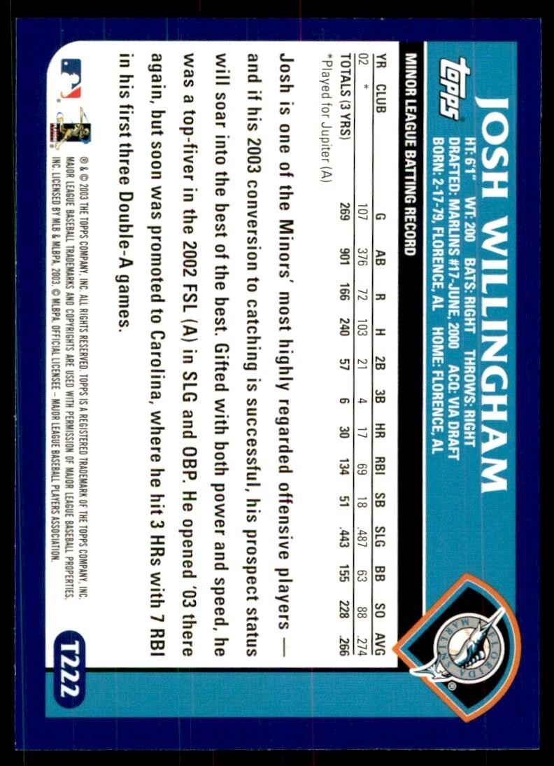 2003 TOPPS TRADED & ROOKIES JOSH WILLINGHAM FLORIDA MARLINS #T222