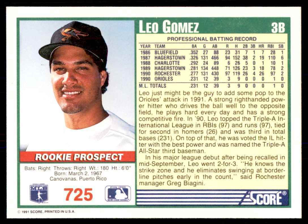 1991 SCORE LEO GOMEZ BALTIMORE ORIOLES #725