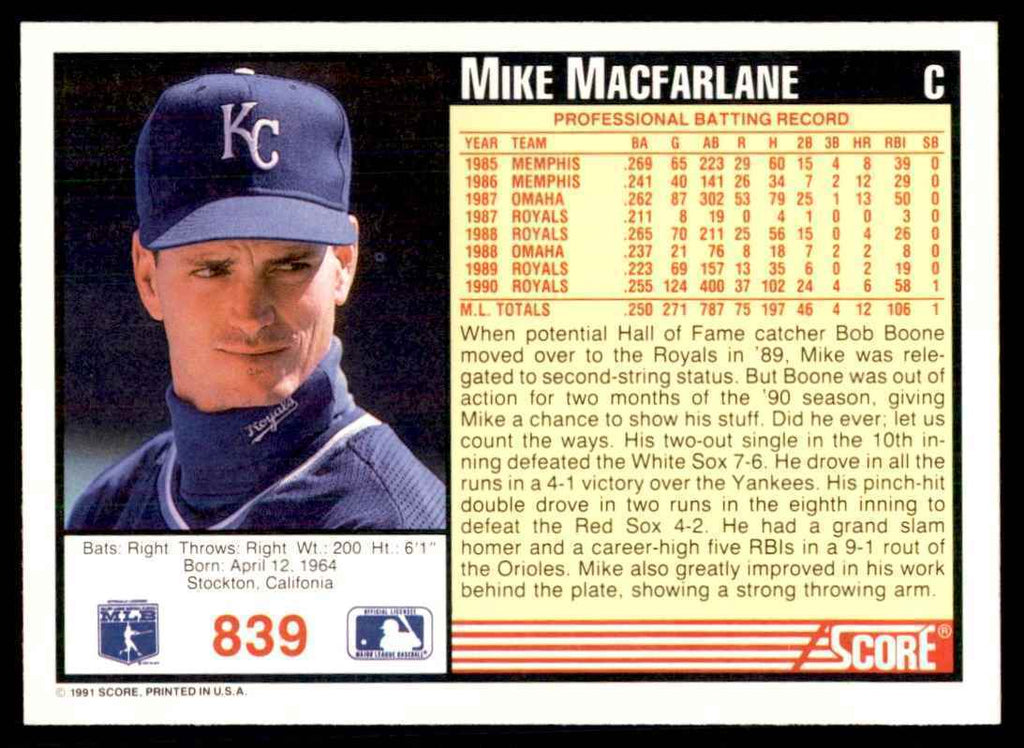 1991 SCORE MIKE MACFARLANE KANSAS CITY ROYALS #839