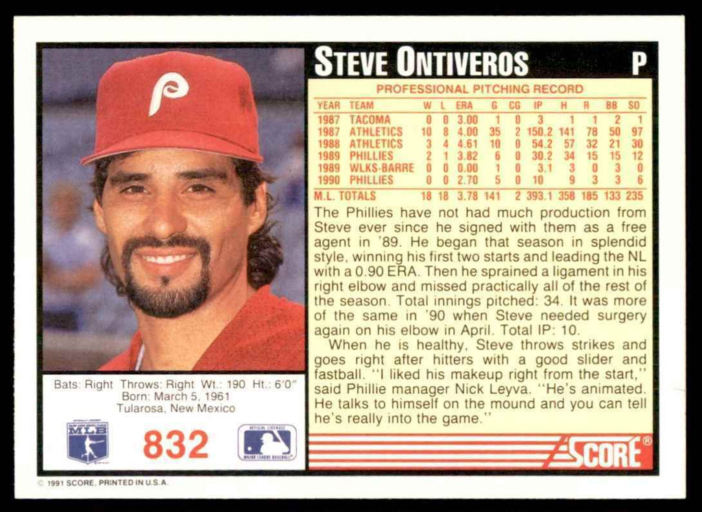 1991 SCORE STEVE ONTIVEROS PHILADELPHIA PHILLIES #832