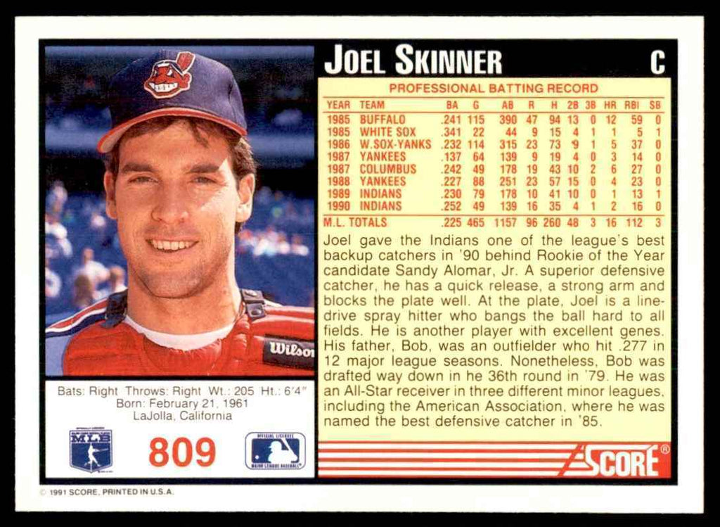 1991 SCORE JOEL SKINNER CLEVELAND INDIANS #809
