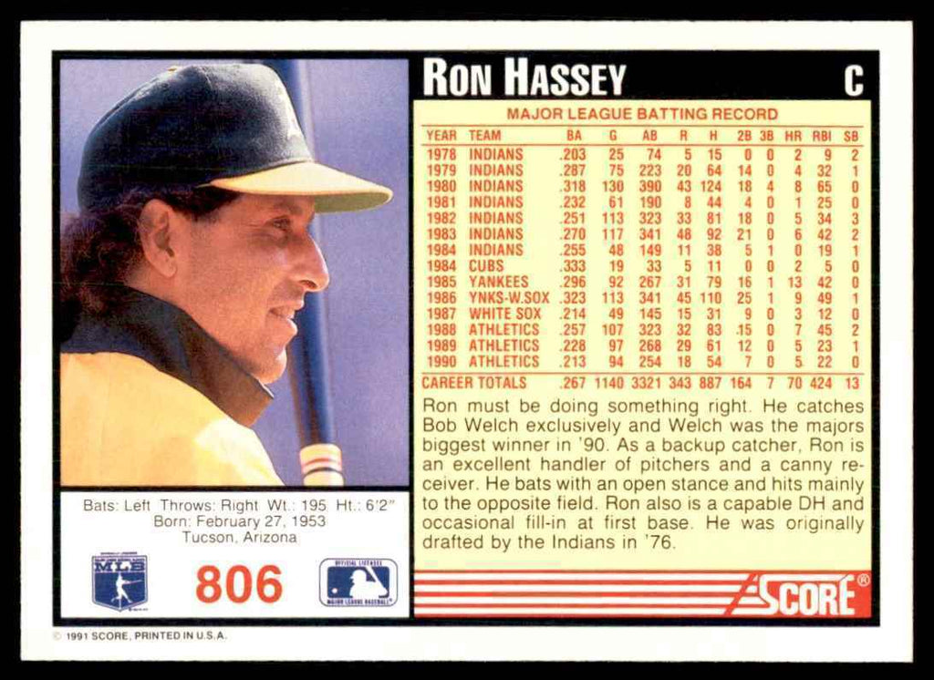 1991 SCORE RON HASSEY OAKLAND ATHLETICS #806