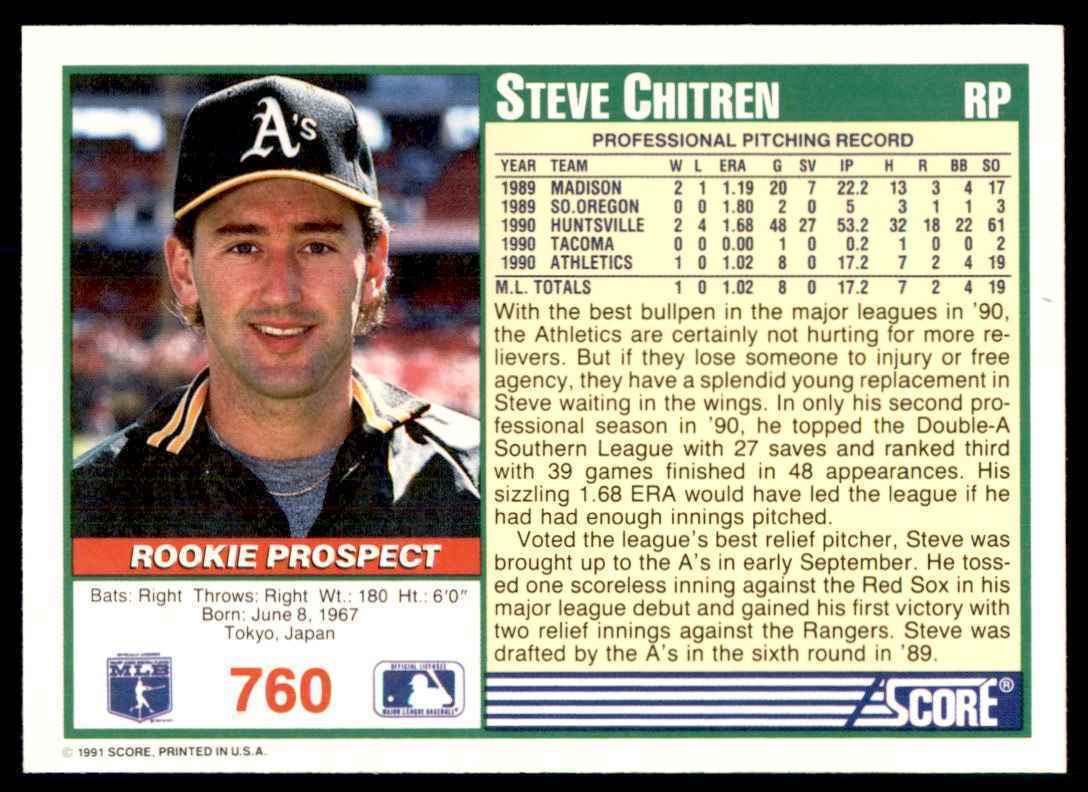 1991 SCORE STEVE CHITREN OAKLAND ATHLETICS #760
