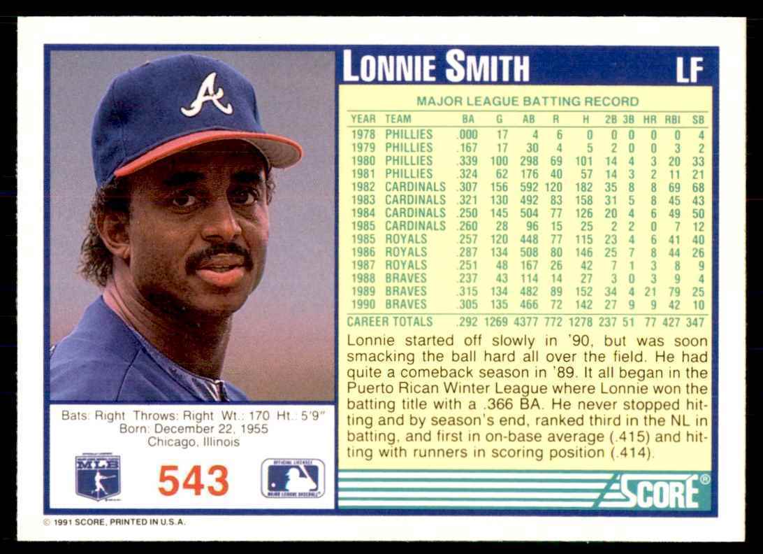 1991 SCORE LONNIE SMITH ATLANTA BRAVES #543