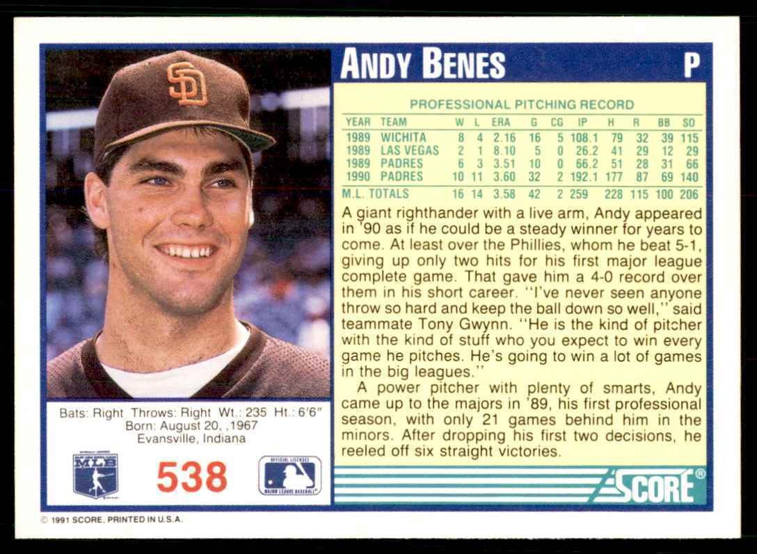 1991 SCORE ANDY BENES SAN DIEGO PADRES #538