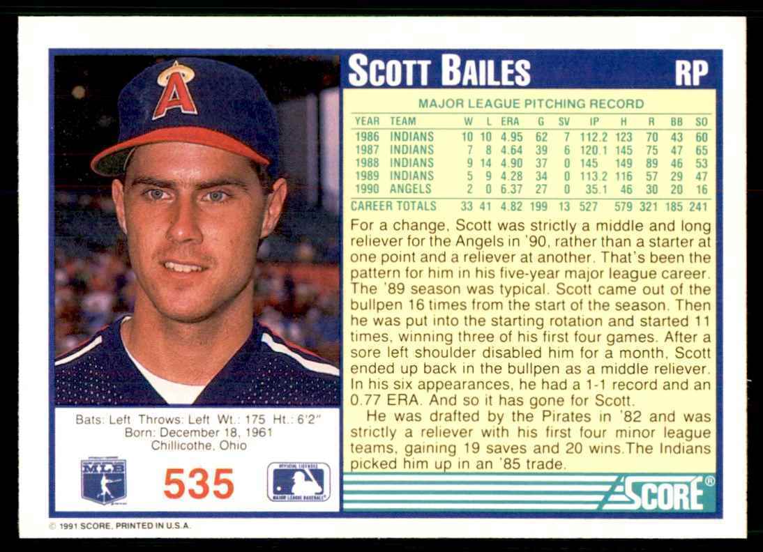 1991 SCORE SCOTT BAILES CALIFORNIA ANGELS #535