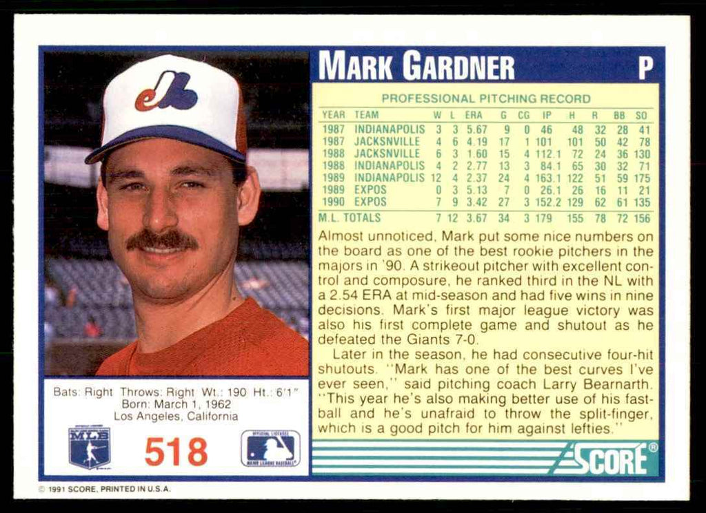 1991 SCORE MARK GARDNER MONTREAL EXPOS #518