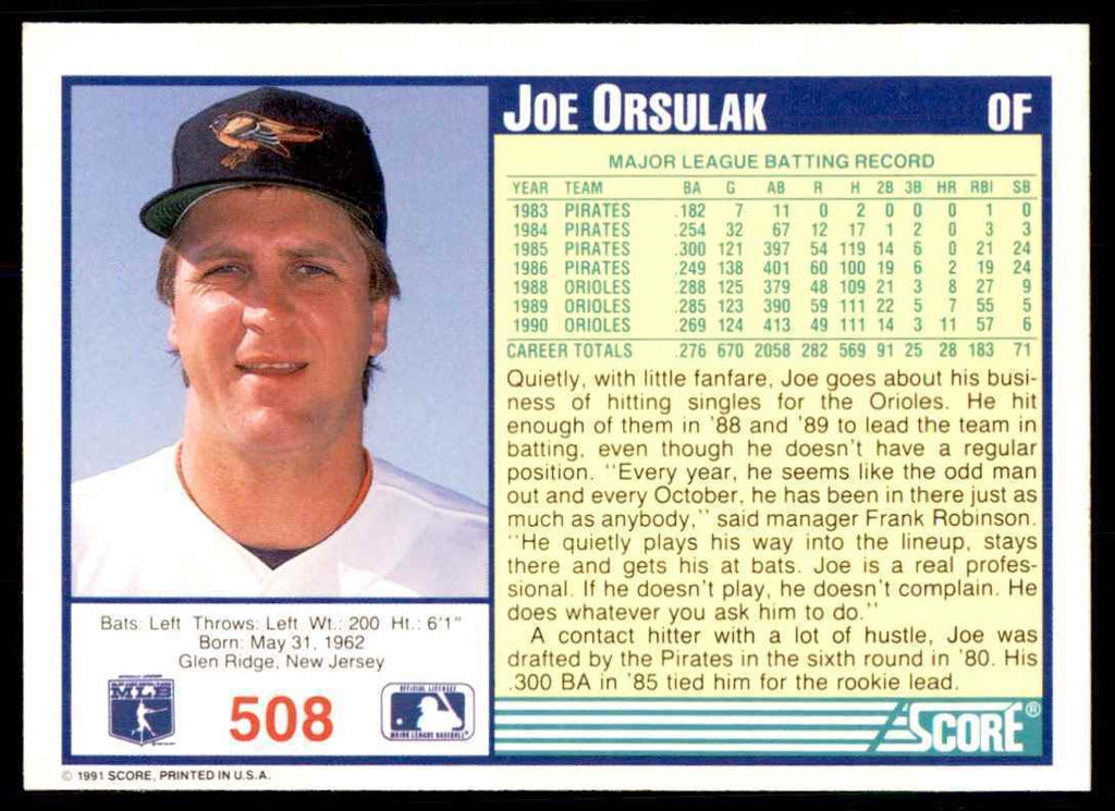 1991 SCORE JOE ORSULAK BALTIMORE ORIOLES #508