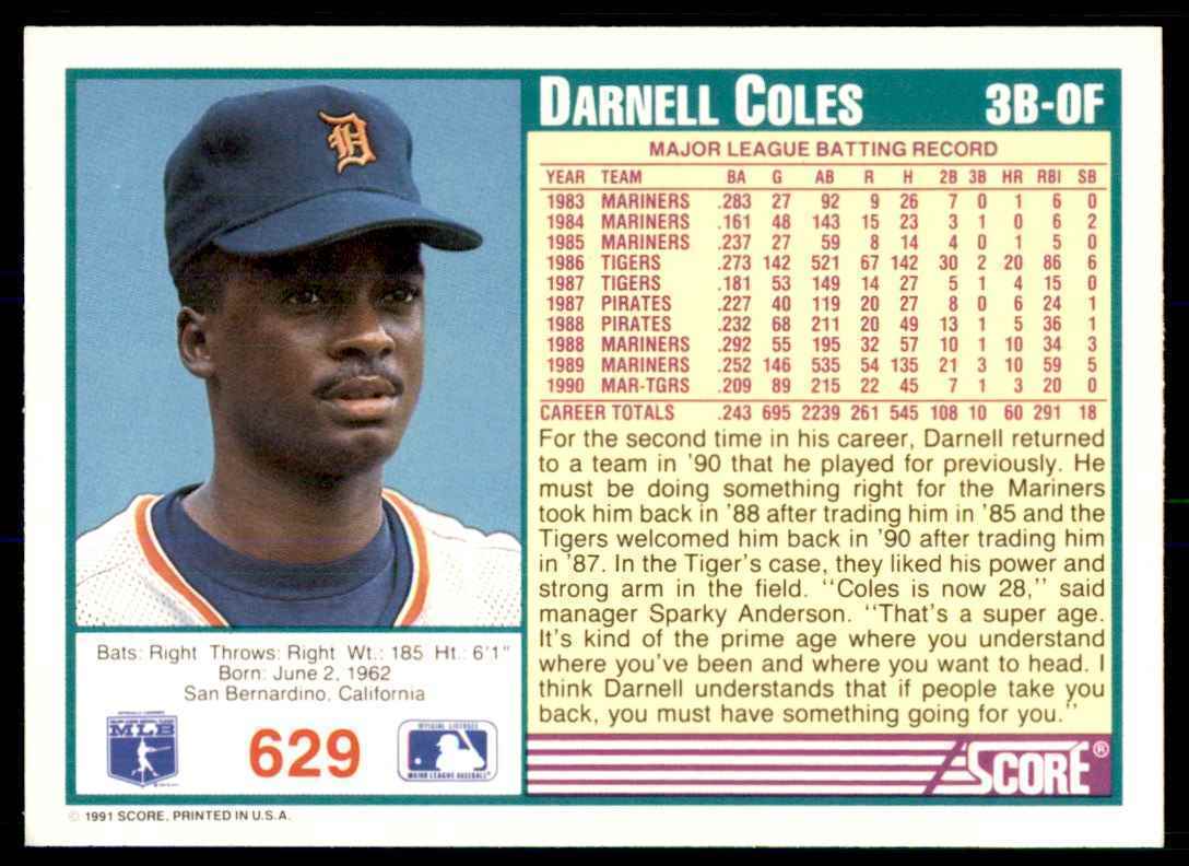 1991 SCORE DARNELL COLES DETROIT TIGERS #629