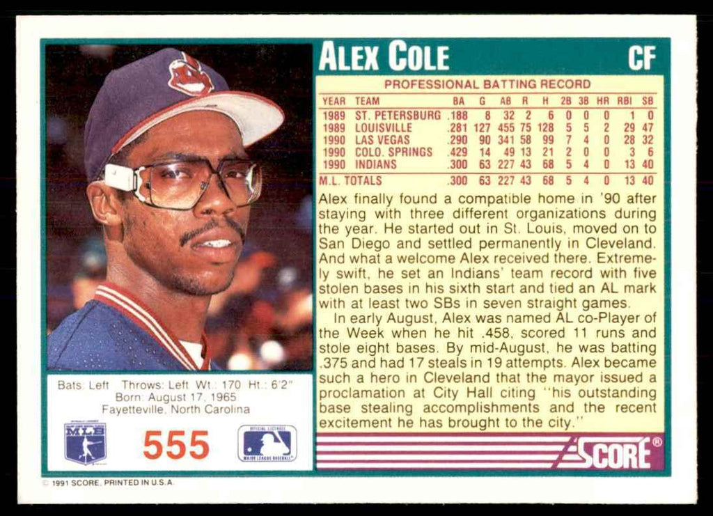 1991 SCORE ALEX COLE CLEVELAND INDIANS #555