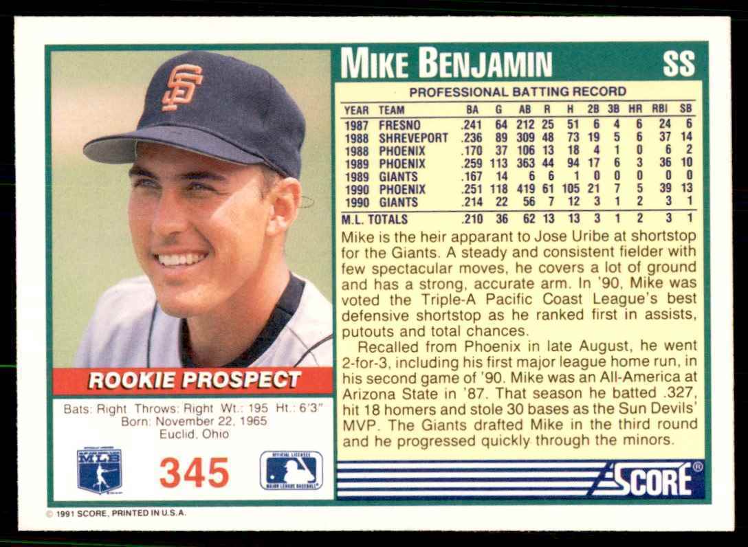 1991 SCORE MIKE BENJAMIN SAN FRANCISCO GIANTS #345